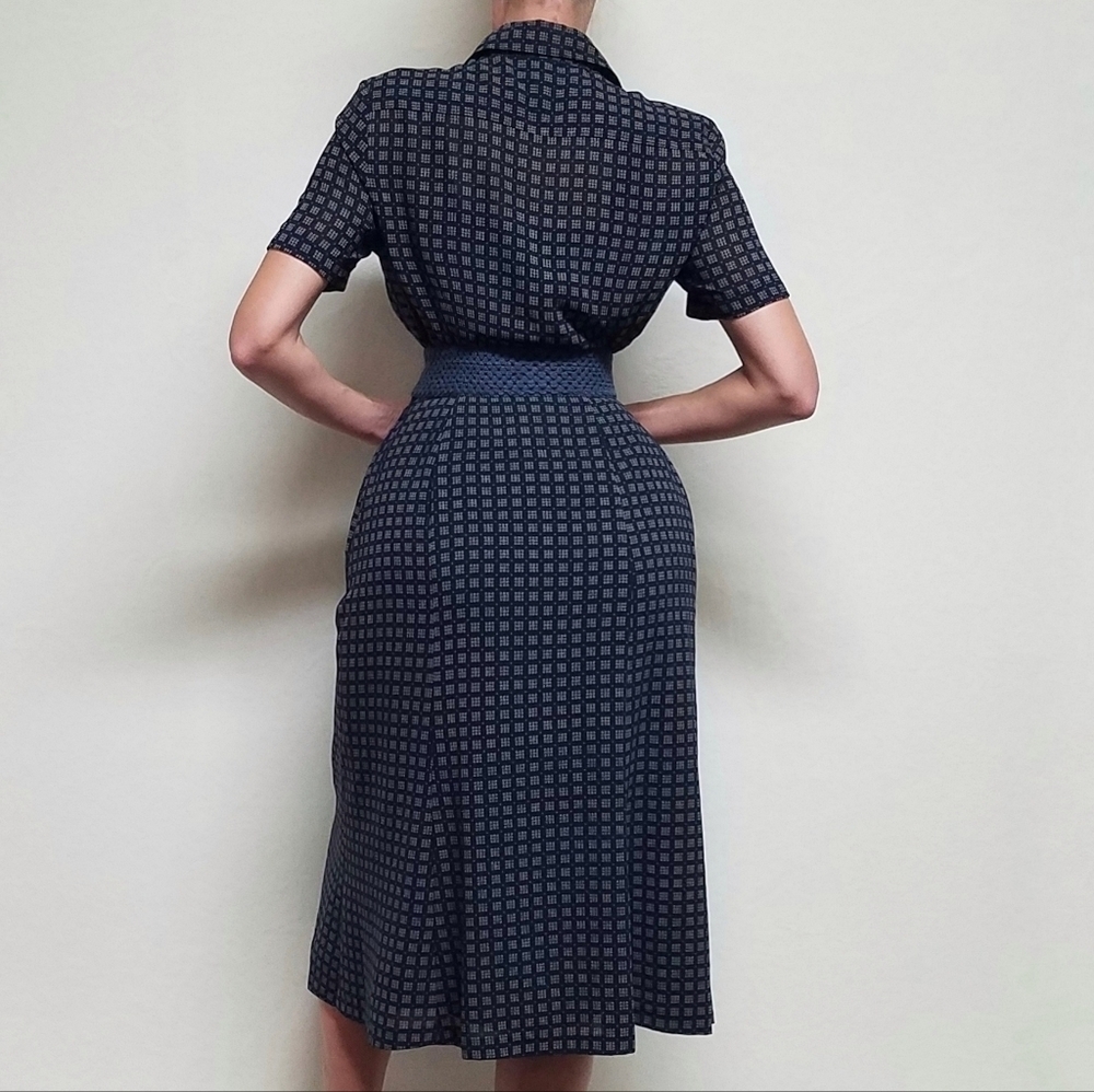 VINTAGE 90s Pendleton Navy Blue Square Print Cropped Blouse Flared Skirt Set 6 - Picture 3 of 16